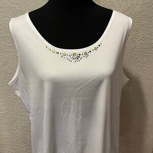 Women's XL White Sleeveless Top with Rhinestone Embellished Neckline